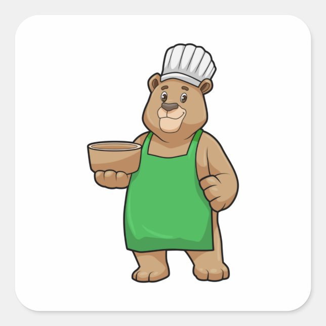 Bear as Cook with Cooking apron & Bowl Square Sticker (Front)