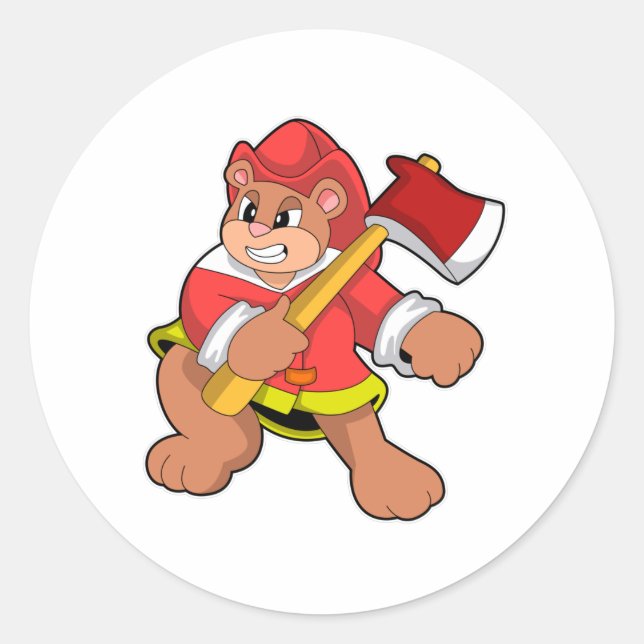 Bear as Firefighter with Ax Classic Round Sticker (Front)