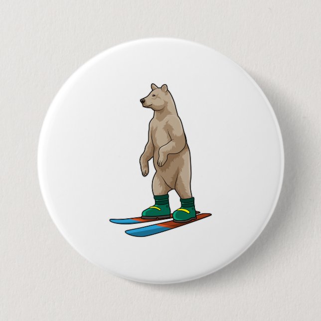 Bear as Skier with Ski 7.5 Cm Round Badge (Front)