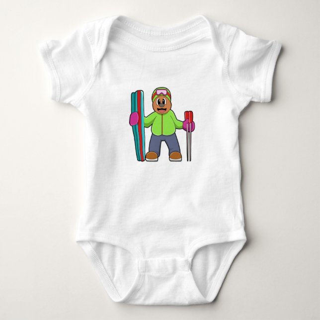 Bear as Skier with Ski & Ski poles Baby Bodysuit (Front)