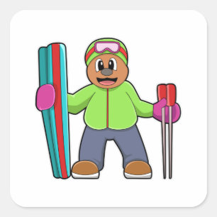 Bear as Skier with Ski & Ski poles Square Sticker