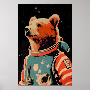 Bear Astronaut Poster, Bear Retro Print, Brown Poster