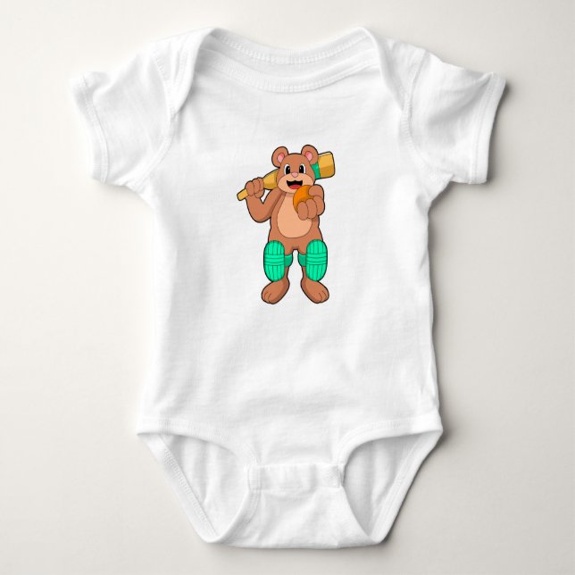 Bear at Cricket with Cricket bat Baby Bodysuit (Front)