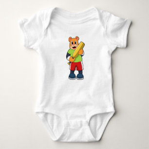 Bear at Cricket with Cricket bat Baby Bodysuit