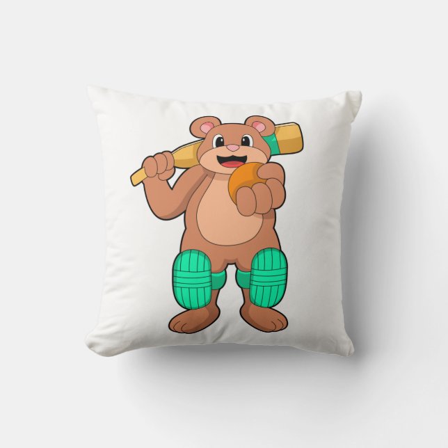 Bear at Cricket with Cricket bat Cushion (Front)