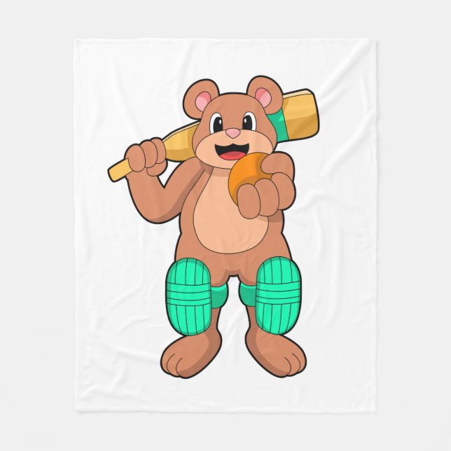 Bear at Cricket with Cricket bat Fleece Blanket (Front)