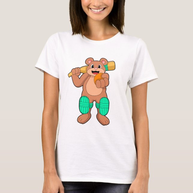 Bear at Cricket with Cricket bat T-Shirt (Front)