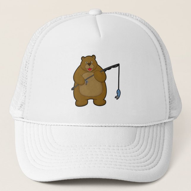Bear at Fishing with Fishing rod & Fish Trucker Hat (Front)
