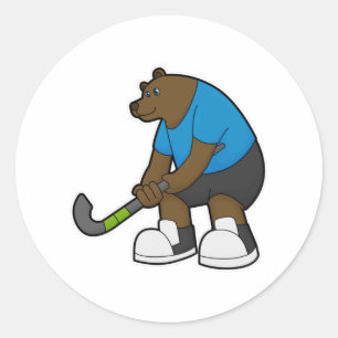 Bear at Hockey with Hockey stick Classic Round Sticker