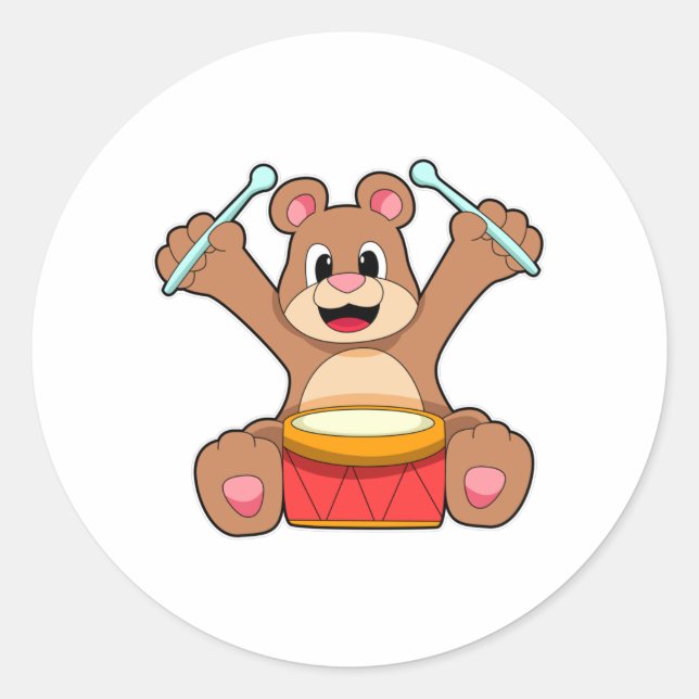 Bear at Music with Drum Classic Round Sticker (Front)