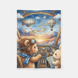 Bear Aviator Hot Air Balloon Sunset Journey Fleece Blanket