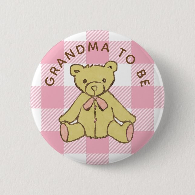 Bear Baby Girl Pink Buffalo Plaid Grandma To Be 6 Cm Round Badge (Front)