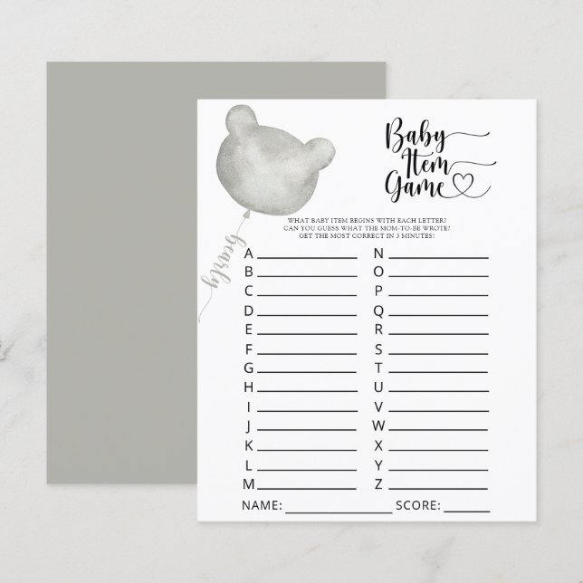 Bear Baby Item Game. Baby Shower Game (Front/Back)
