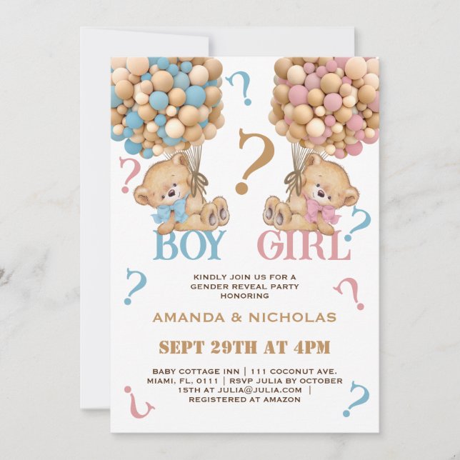 Bear Baby Reveal Balloons Minimal  Invitation (Front)
