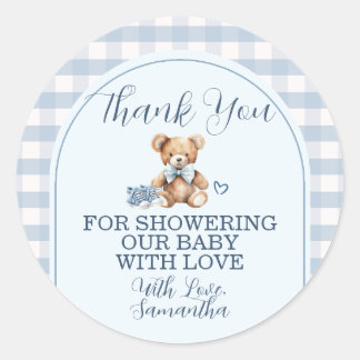 Bear Baby Shoes Blue Gingham Baby Shower Thank You Classic Round Sticker