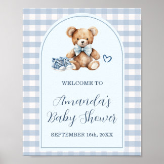 Bear Baby Shoes Blue Gingham Baby Shower Welcome Poster
