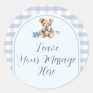 Bear Baby Shoes Gingham Baby Shower Your Message Classic Round Sticker