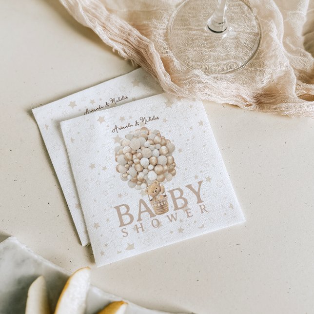 Bear Baby Shower Balloons & Stars Boho White Brown Napkin (Creator Uploaded)