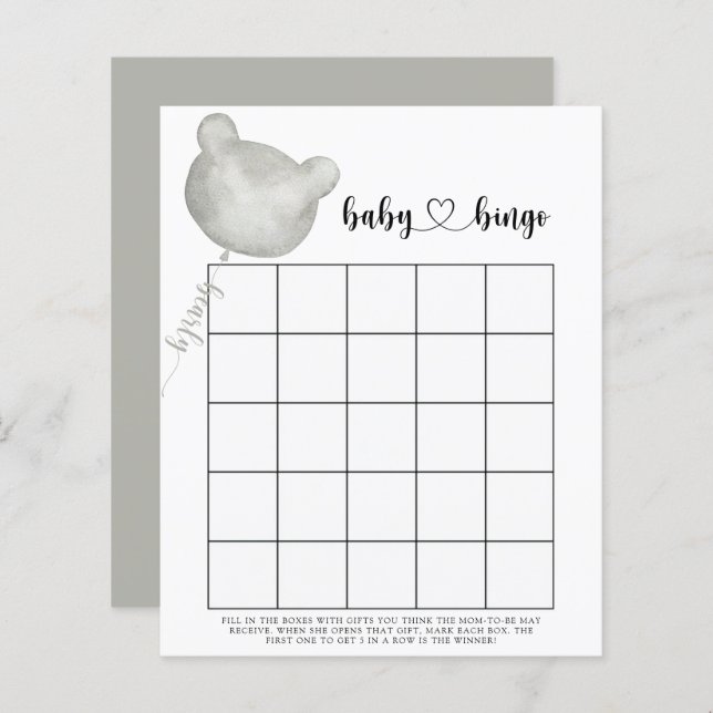 Bear Baby shower bingo game (Front/Back)
