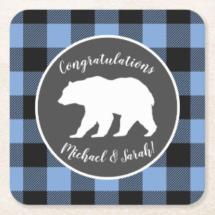 Bear Baby Shower Boy Blue Square Paper Coaster