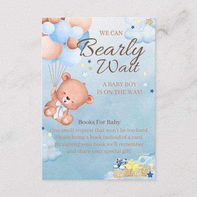 Bear Baby Shower Boy Books For Baby Enclosure Card (Front)