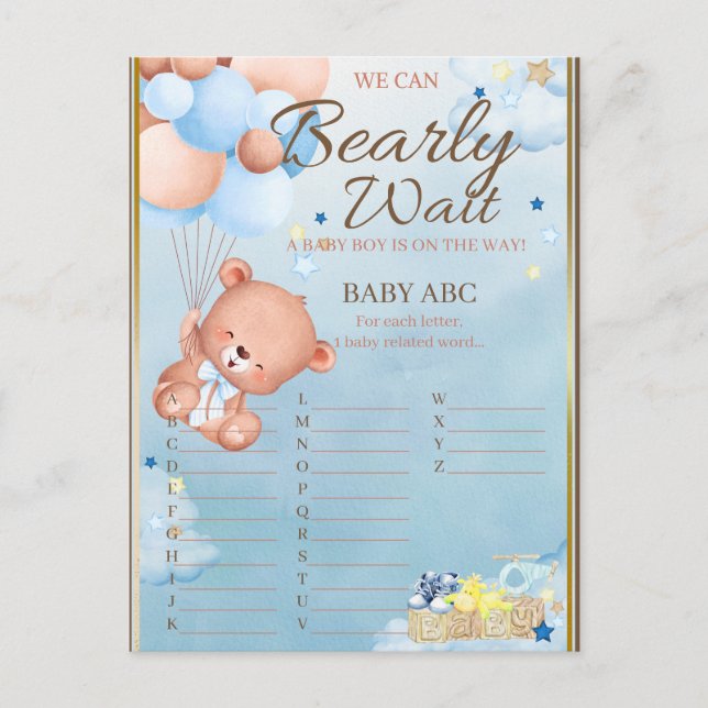 Bear Baby Shower Boy Game Postcard (Front)
