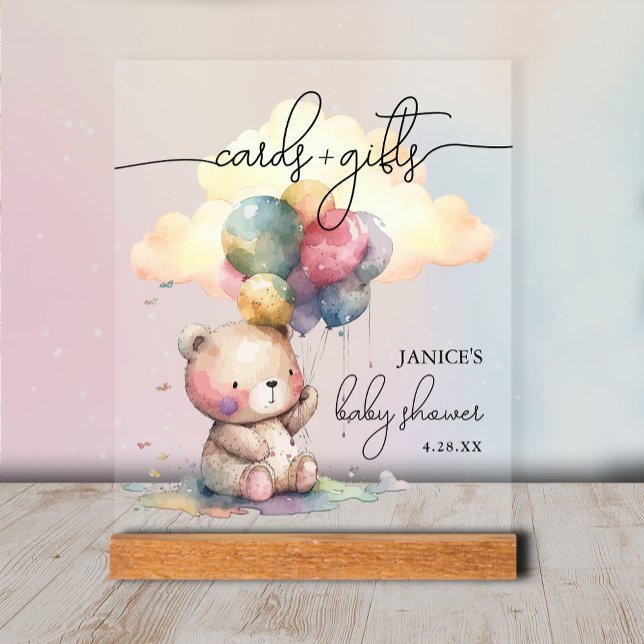 Bear Baby Shower Cards + Gifts Acrylic Sign (Bear Baby Shower Cards + Gifts Tabletop Acrylic Sign)