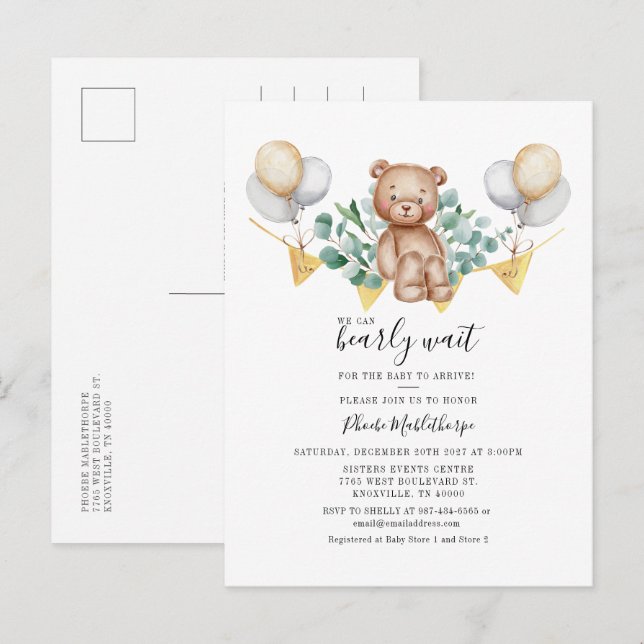 Bear Baby Shower Eucalyptus Woodland Animal Invitation Postcard (Front/Back)