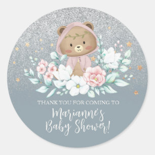 Bear Baby Shower Floral Glitter Blue Bohemian Classic Round Sticker
