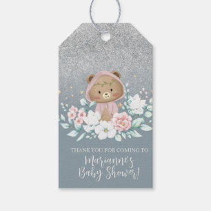 Bear Baby Shower Floral Glitter Blue Bohemian Gift Tags