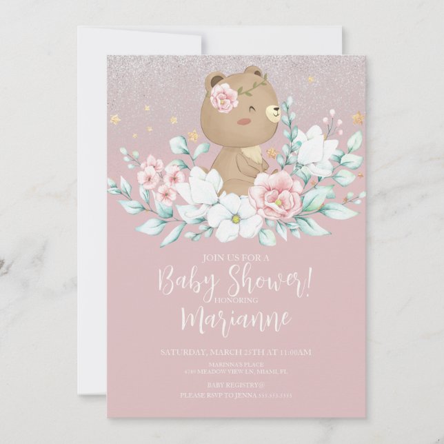  Bear Baby Shower Floral Glitter Muted Pink  Invitation (Front)