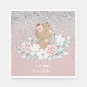  Bear Baby Shower Floral Glitter Muted Pink  Napkin