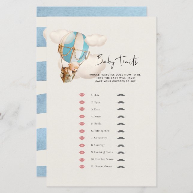 Bear Baby Shower Game - Baby Traits (Front/Back)
