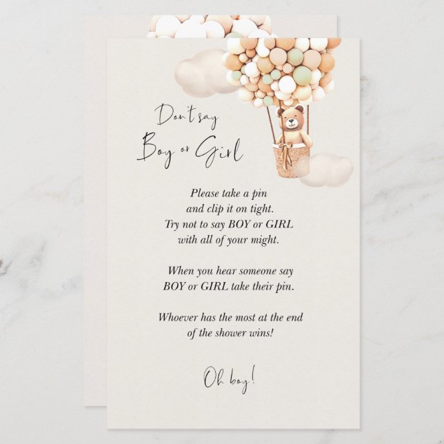 Bear Baby Shower Game - Don't Say Boy Or Girl (Front/Back)
