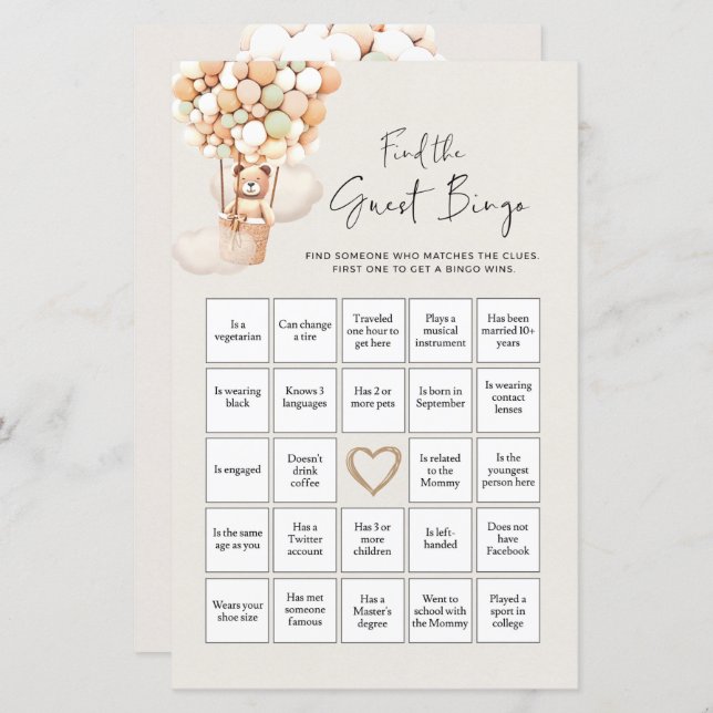 Bear Baby Shower Game - Find The Guest Bingo (Front/Back)