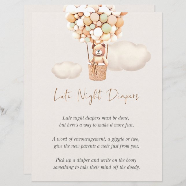 Bear Baby Shower Game - Late Night Diapers (Front/Back)