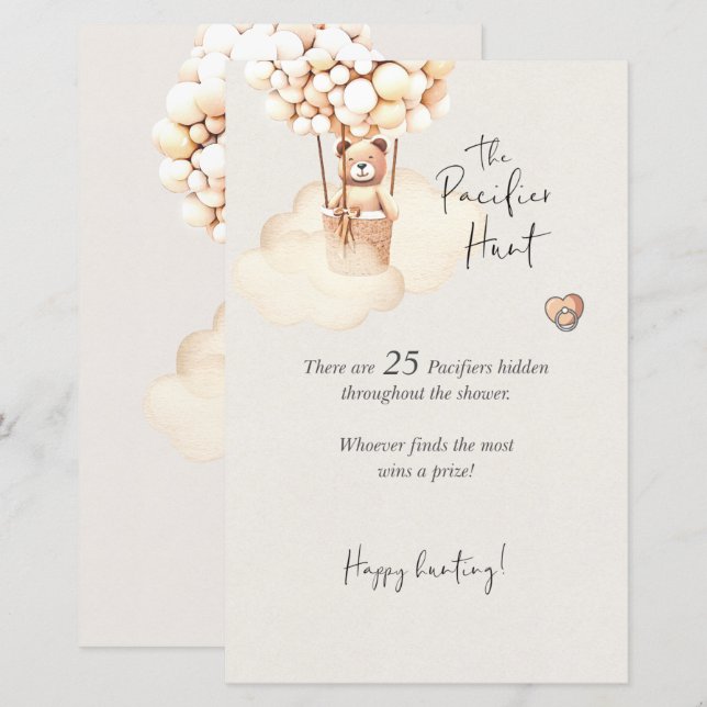 Bear Baby Shower Game Pacifier Hunt Editable (Front/Back)