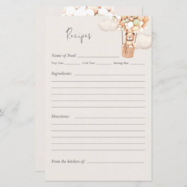 Bear Baby Shower Game - Recipes (Front/Back)