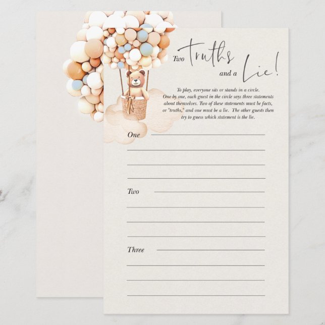 Bear Baby Shower Game - Two Truths And A Lie! (Front/Back)