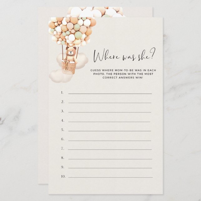 Bear Baby Shower Game - Where Was She? (Front/Back)