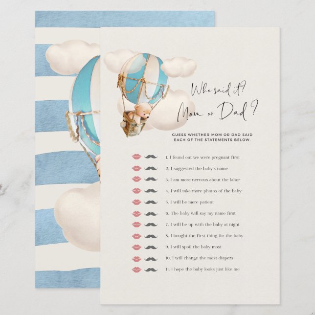 Bear Baby Shower Game - Who Said it? Mum Or Dad? (Front/Back)