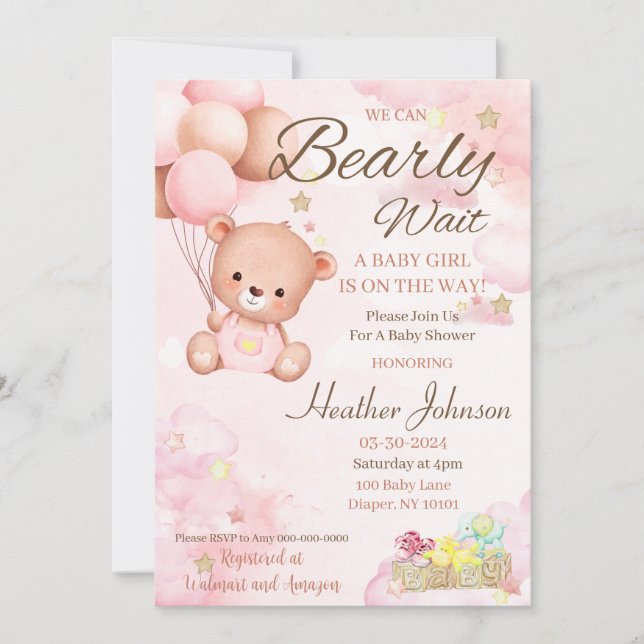 Bear Baby Shower Girl Invitation (Front)