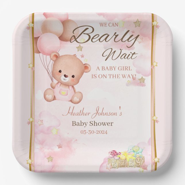 Bear Baby Shower Girl Paper Plate (Front)