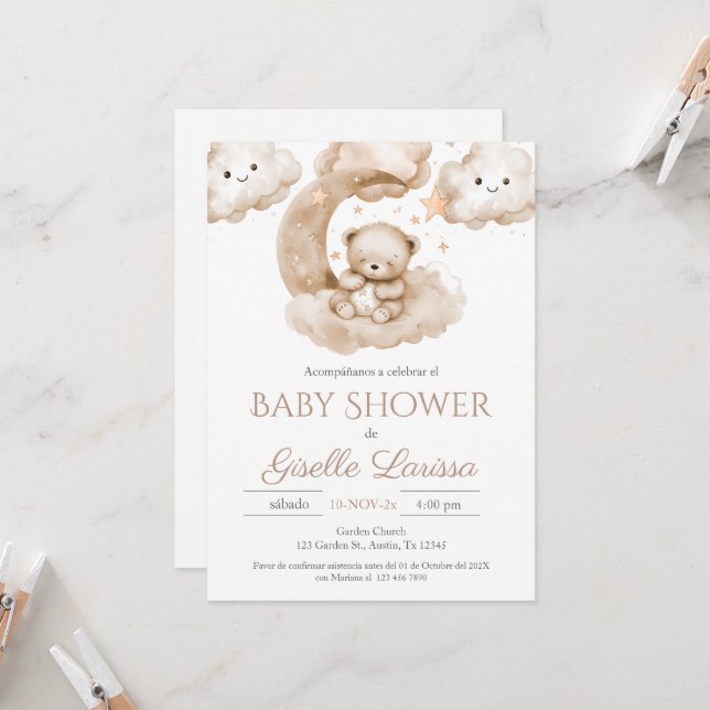 Bear Baby Shower Girl Spanish Invitation (Front/Back In Situ)
