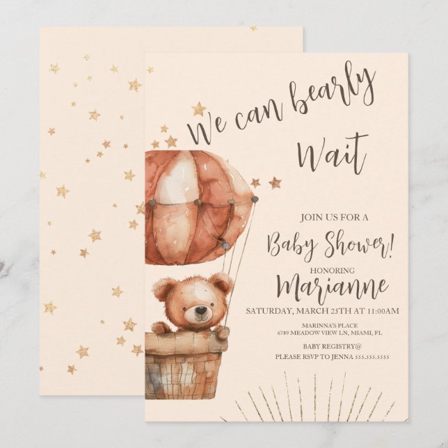  Bear Baby Shower Glitter Stars Rustic Invitation (Front/Back)