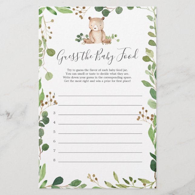 Bear Baby Shower Guess The Baby Food (Front)