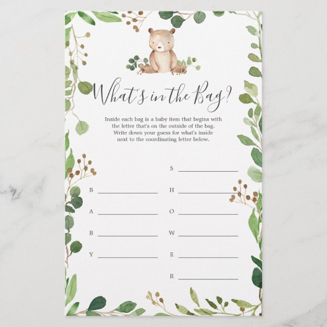 Bear Baby Shower Guess What's in the Bag Game (Front)