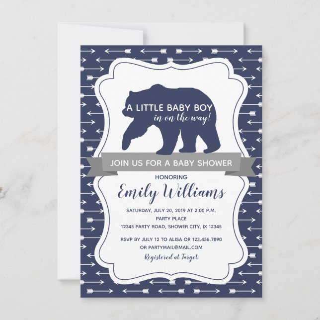 Bear baby shower invitation for boys (Front)