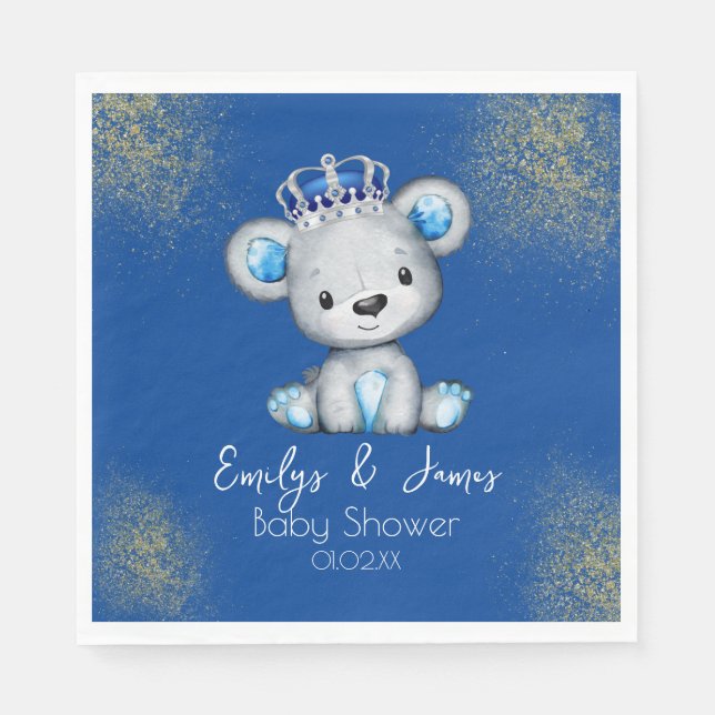 Bear Baby Shower Prince Sparkly Blue Boys Napkin (Front)