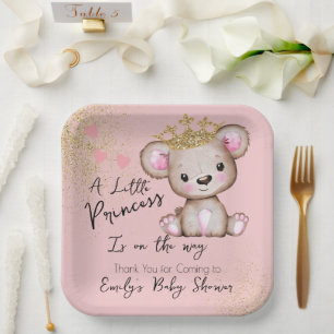 Bear Baby Shower Princess Sparkly Pink Paper Plate